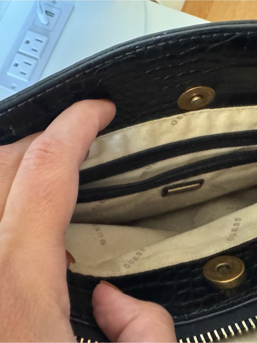 GUESS Black Croc-Embossed Satchel with Gold Accent Hardware - Picture 5 of 6